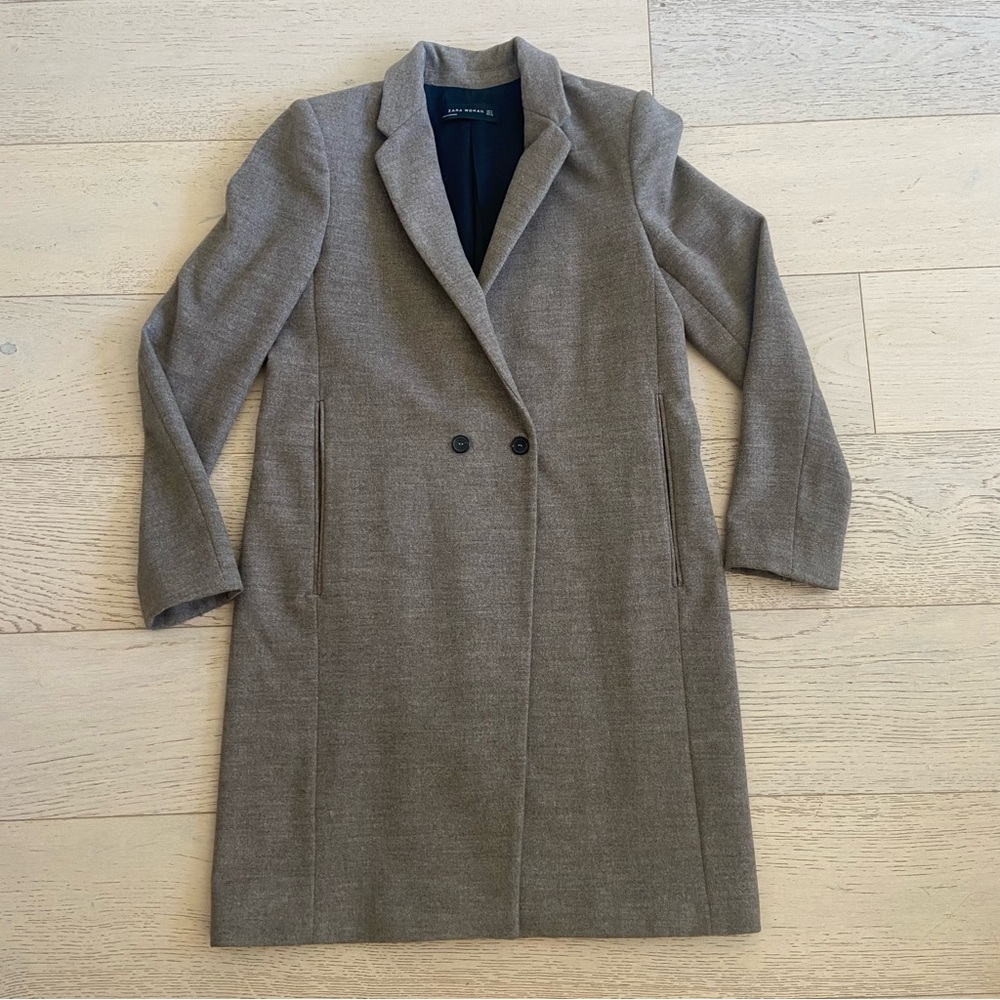 ZARA Wool Blend Coat Medium Taupe Brown Minimalist Single Breasted EUC - Picture 2 of 8